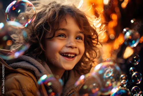 little boy child on the background of soap bubbles generative ai