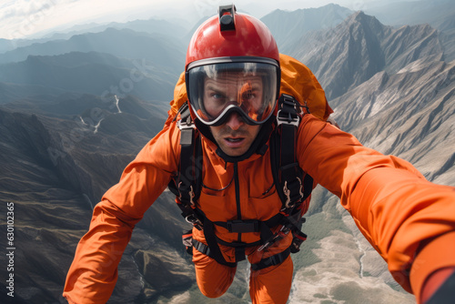 skydiver man jump out in plane skydiving in orange suit generative ai photo