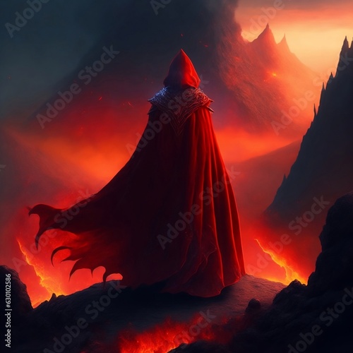 In a realm of fire and lava, a fiery being robed in a crimson cloak stands at the edge of a volcanic crater. The cloak is adorned with molten lava patterns, symbolizing the creature's affinity with th