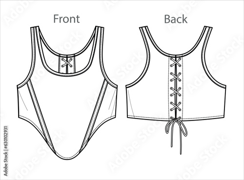 Vector woman tank top sketch, sleeveless blouse fashion CAD, summer crop T-Shirt technical sketch, female flat, template. Jersey or woven fabric corset top with front, back view, white color