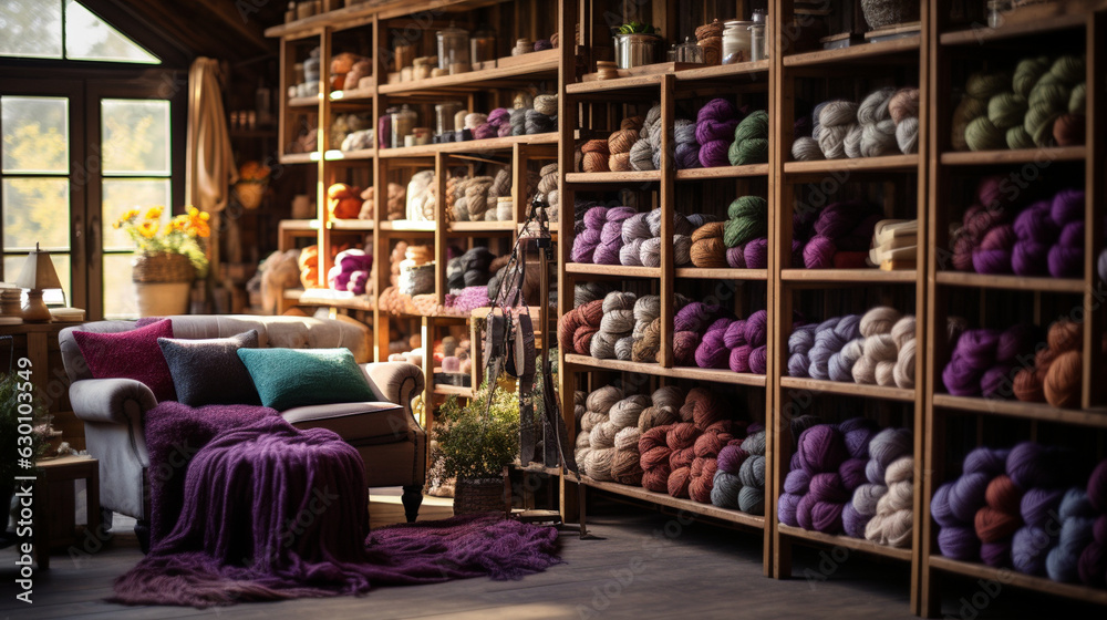 A rustic knitting studio filled with shelves of neatly organized yarn in a countryside cottage 
