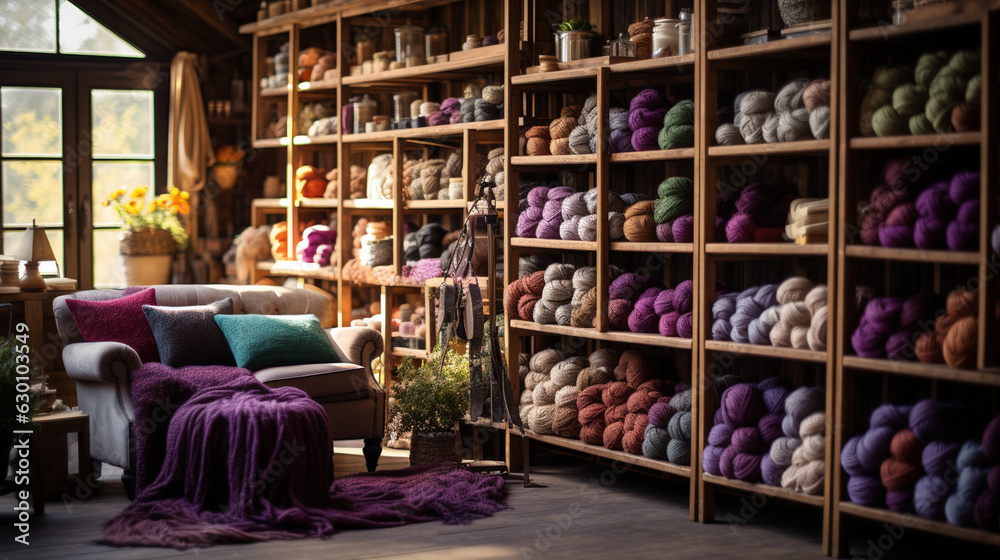 A rustic knitting studio filled with shelves of neatly organized yarn in a countryside cottage A rustic knitting studio filled with shelves of neatly organized yarn in a countryside cottage