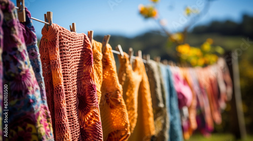 A gentle breeze blowing through a clothesline, showcasing colorful knit garments fluttering in the wind 