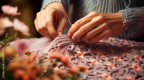 A macro shot of skilled hands knitting a delicate lace pattern with fine yarn 