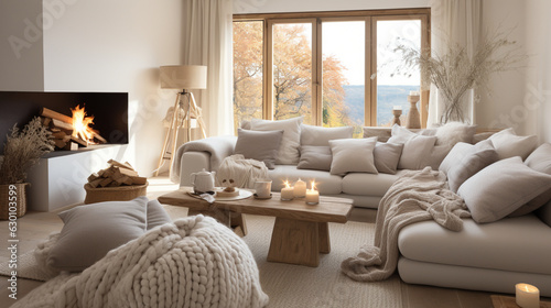 A warm and inviting living room adorned with knit blankets and cushions 