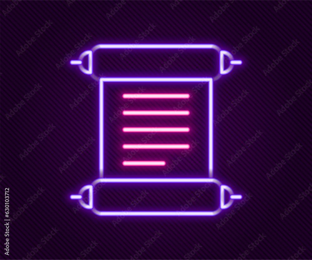 Glowing neon line Decree, paper, parchment, scroll icon icon isolated on black background. Colorful outline concept. Vector Glowing neon line Decree, paper, parchment, scroll icon icon isolated on black background. Colorful outline concept. Vector
