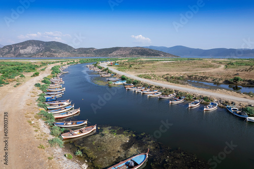 Lake Bafa National Park near Bodrum, Mugla. The water and the fishing boats in a very tranquil scene.