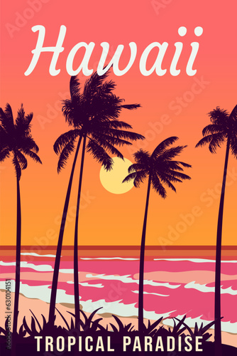 Hawaii vintage travel poster. Sunset beach