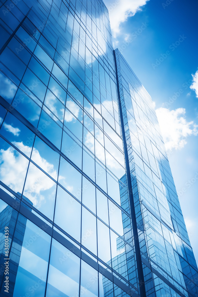 Reflective skyscrapers, business office buildings. Low angle photography of glass curtain wall details of high-rise buildings.The window glass reflects the blue sky and white clouds. High quality