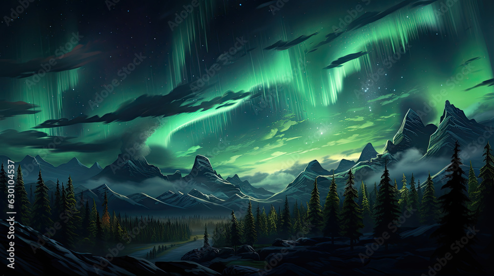 Northern lights, aurora borealis in the night sky over frozen lake