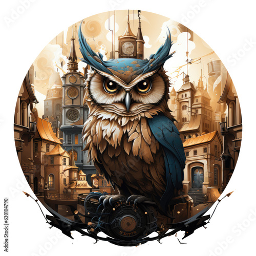 An adventurous owl t-shirt design capturing the owl in a steampunk-inspired world, with gears and mechanical elements incorporated into its wings, Generative Ai photo