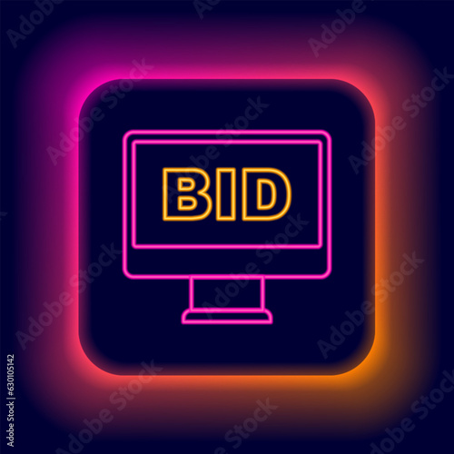 Glowing neon line Online auction icon isolated on black background. Bid sign. Auction bidding. Sale and buyers. Colorful outline concept. Vector