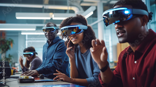 Group of students wearing VR goggles in class. Photo of a diverse group of students participating in a virtual class, engaging with AR educational content