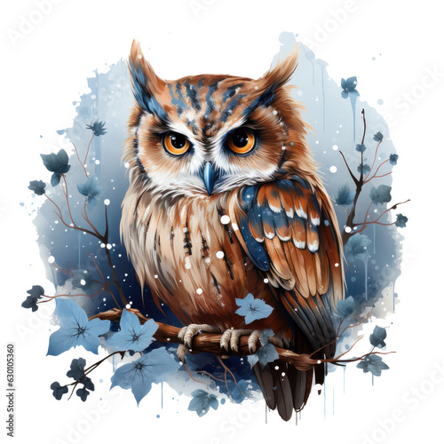 An enchanting owl t-shirt design capturing the owl in a magical winter wonderland, perched on a snow-covered tree branch with delicate snowflakes falling gently around it, Generative Ai
