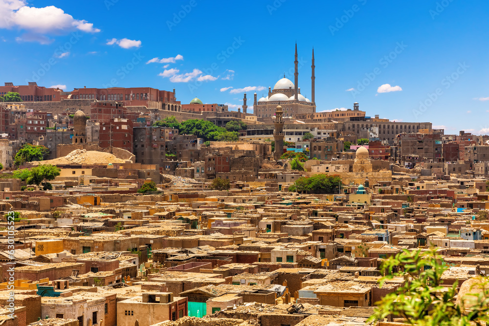 View on the famous Mosque of Muhammad Ali Pasha and slums of Cairo, Egypt