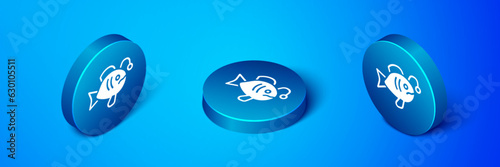 Isometric Tropical fish icon isolated on blue background. Exotic fish. Blue circle button. Vector