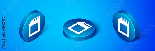 Isometric SD card icon isolated on blue background. Memory card. Adapter icon. Blue circle button. Vector