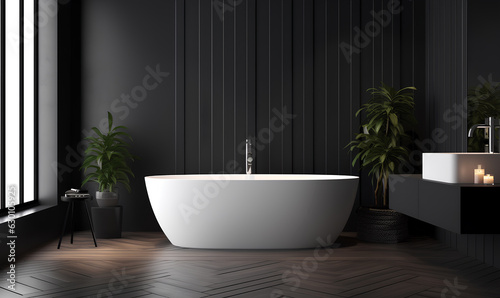 Modern bathroom interior with white bathtub and chic vanity  black walls - Generative AI