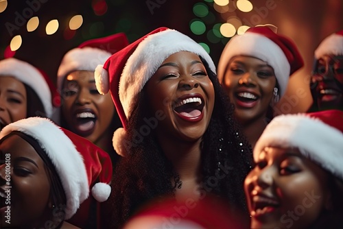 Portrait happy black womans sing Christmas song in Santa hat. Generative AI.