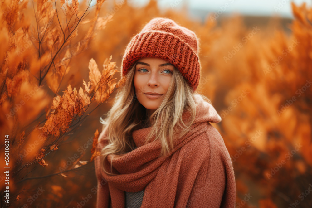 A beautiful woman standing in front of an orange autumnal background. She wearing a rust-colored beanie and a matching scarf. blonde hair are visible from the sides of the beanie A beautiful woman standing in front of an orange autumnal background. She wearing a rust-colored beanie and a matching scarf. blonde hair are visible from the sides of the beanie