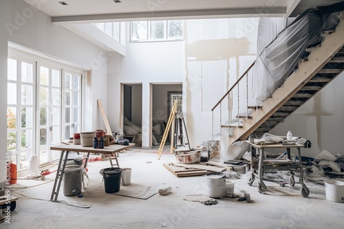 Renovating an old living room in a house by constructing a new drywall using metal frames and gypsum plasterboard. The concept focuses on updating the home with a new look. The living room features