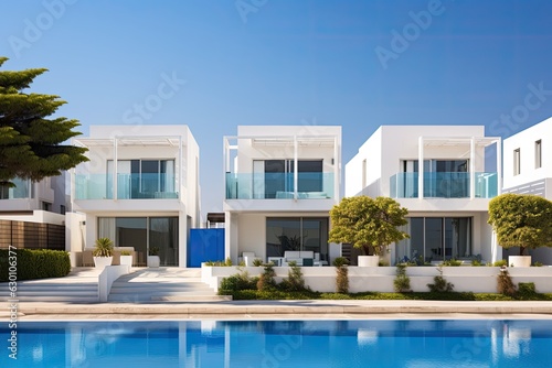 On a bright day with pronounced shadows, luxurious housing development in the Middle East showcases modern villas characterized by their stylish design, featuring a color palette predominantly