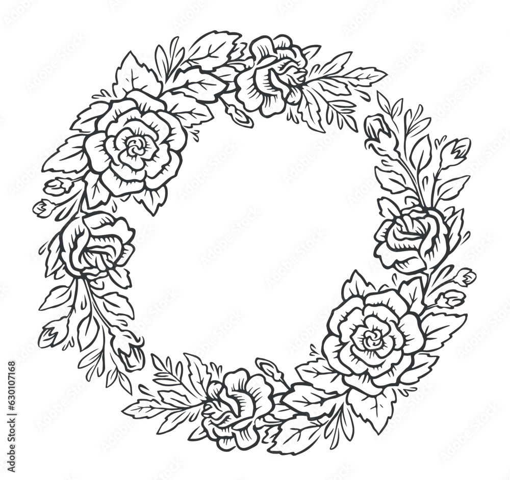 Round frame with decorative flowers with leaves. Hand drawn floral wreath. Roses pattern vintage vector illustration