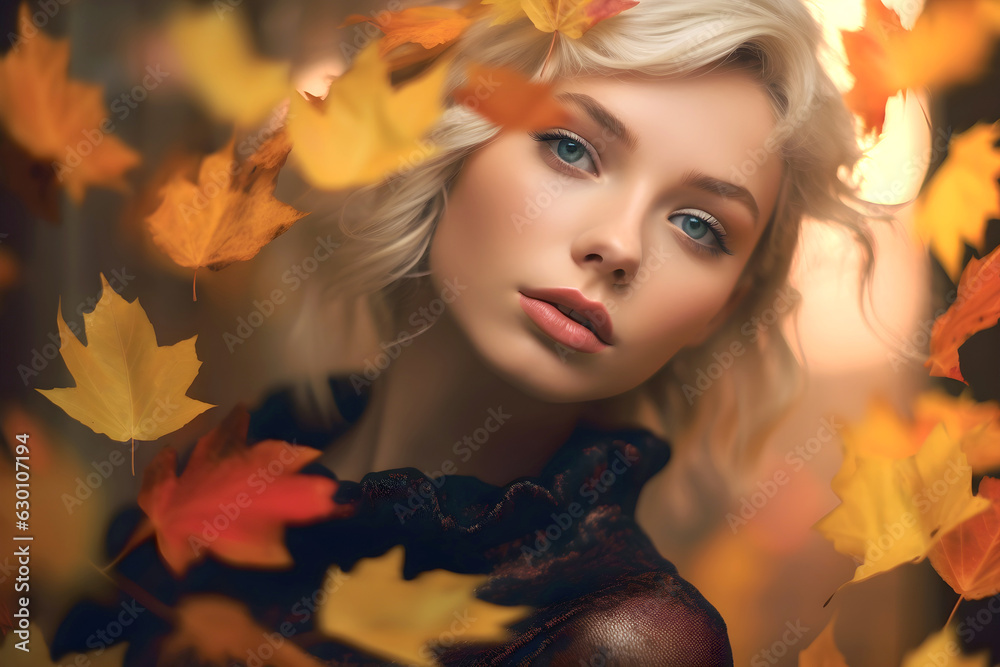 Nice girl with yellow red fall leaves on blurred nature background