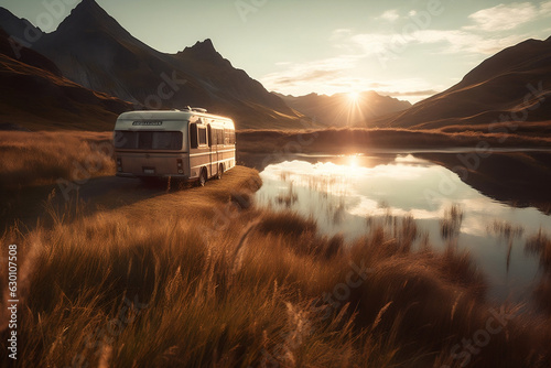 Caravan motor home camping car RV driving through beautiful mountain landscape of rocky hills and pure lake in sunset or sunrise. Spending time in recreation vehicle van nature concept. Generative AI