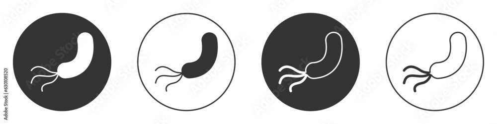 Black Bacteria icon isolated on white background. Bacteria and germs, microorganism disease causing, cell cancer, microbe, virus, fungi. Circle button. Vector Black Bacteria icon isolated on white background. Bacteria and germs, microorganism disease causing, cell cancer, microbe, virus, fungi. Circle button. Vector