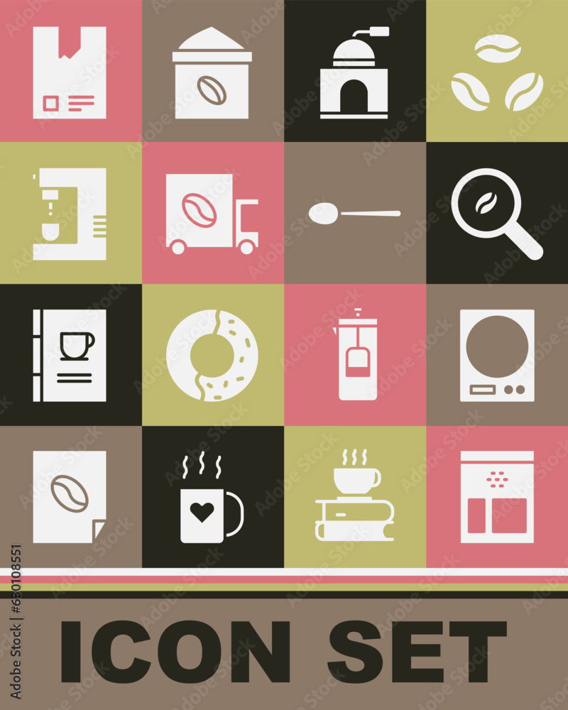 Set Bag of coffee beans, Electronic scales, Selection, Manual grinder, Coffee street truck machine, and Spoon icon. Vector Set Bag of coffee beans, Electronic scales, Selection, Manual grinder, Coffee street truck machine, and Spoon icon. Vector
