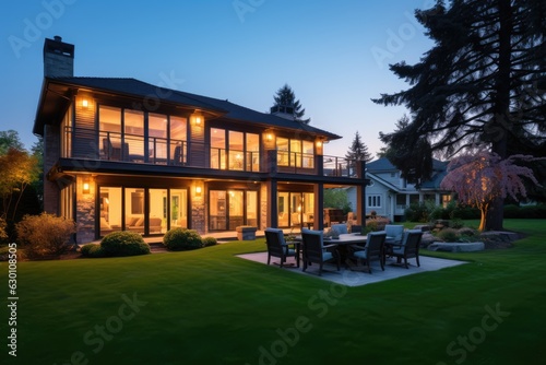 Luxurious residences exterior illuminated in the evening: A stunning newly built house with well maintained lush lawns and attractive landscaping during the twilight hours. It boasts an enclosed porch © 2rogan