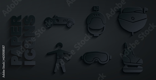 Set Ski goggles, Speedboat, Bungee jumping, Skates, Helmet and action camera and Vintage sport racing car icon. Vector