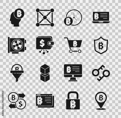 Set Bitcoin, Cryptocurrency key, Shield with bitcoin, clock, wallet, Video graphic card, think and Shopping cart icon. Vector