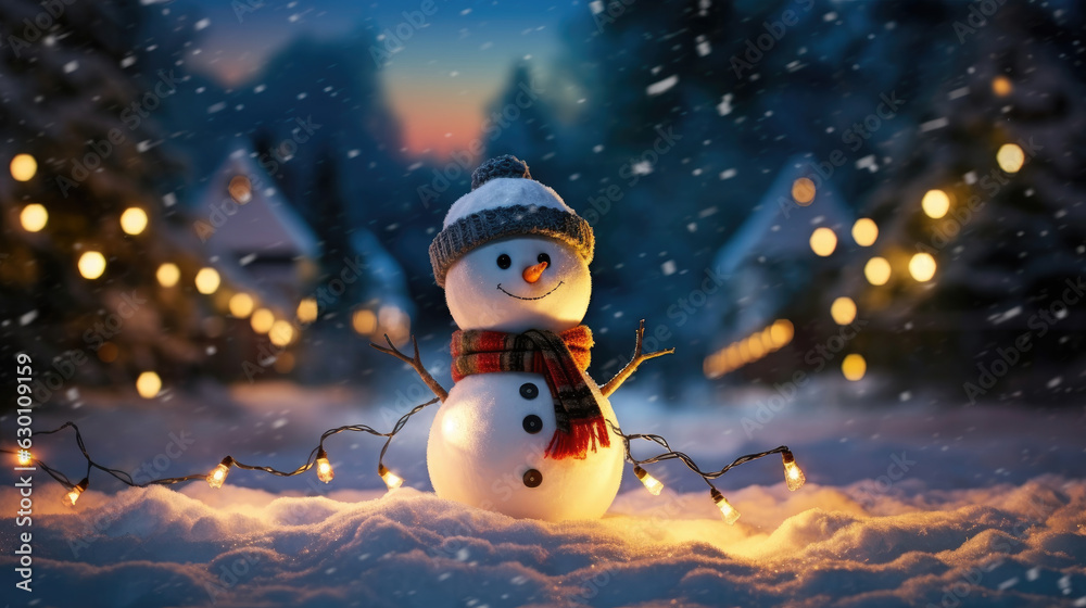 Obraz premium A snowman standing tall in a winter wonderland. Snowman standing in winter when christmas