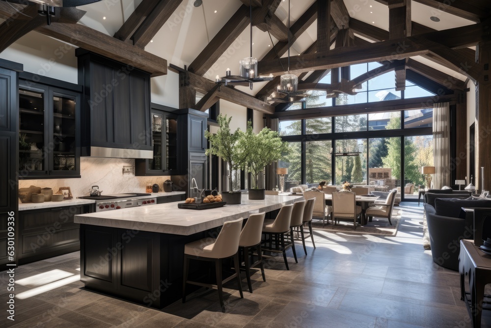 Incredible dining area adjacent to a contemporary yet rustic high end kitchen featuring a soaring ceiling with exposed wooden beams. The kitchen boasts a spacious island topped with pristine white