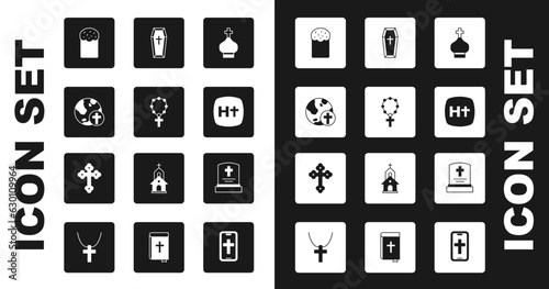 Set Christian church tower, Rosary beads religion, cross with globe, Easter cake, Coffin, Grave tombstone and icon. Vector