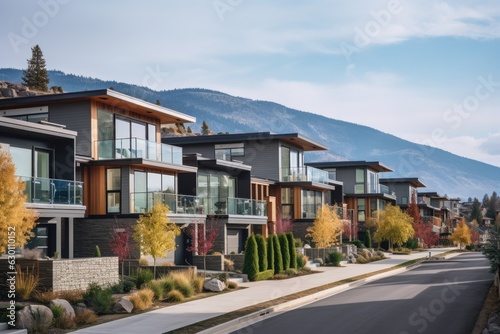 In British Columbia, Canada, there are contemporary residential buildings in the neighborhood of Kelowna. These houses showcase modern Canadian architectural styles and are low rise structures. In a