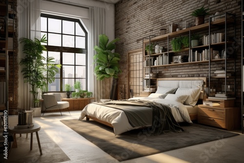 In a modern bedroom with an urban jungle theme, there is a sleek industrial bookshelf and a wooden commode.