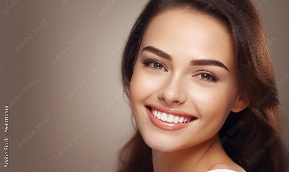 Beautiful wide smile of healthy woman, white teeth close up, dentist tooth whitening. Generative AI Beautiful wide smile of healthy woman, white teeth close up, dentist tooth whitening. Generative AI