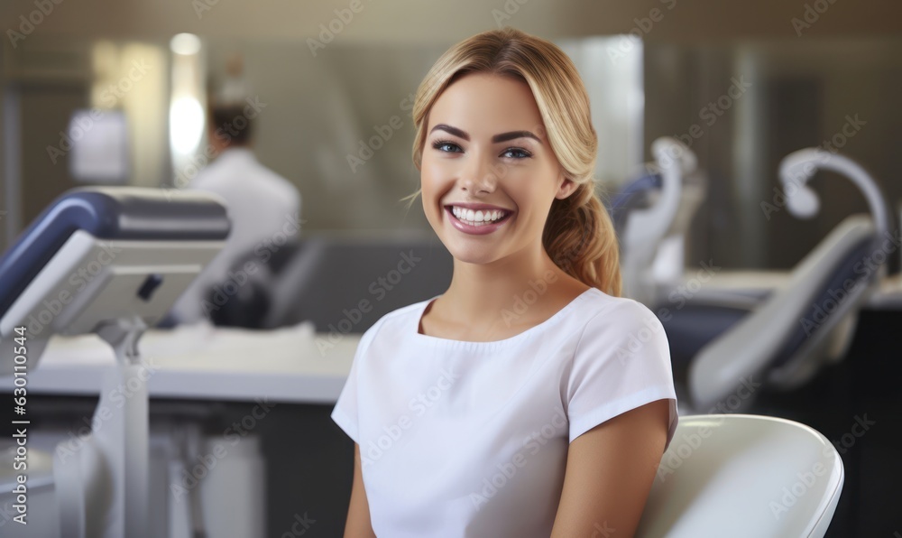 Beautiful wide smile of healthy woman, white teeth close up, dentist tooth whitening. Generative AI