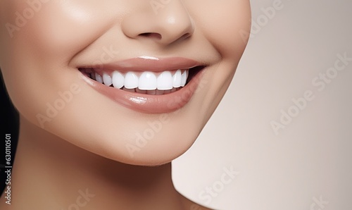 Beautiful wide smile of healthy woman, white teeth close up, dentist tooth whitening. Generative AI