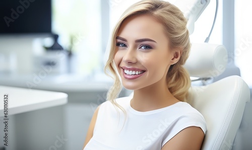 Beautiful wide smile of healthy woman, white teeth close up, dentist tooth whitening. Generative AI