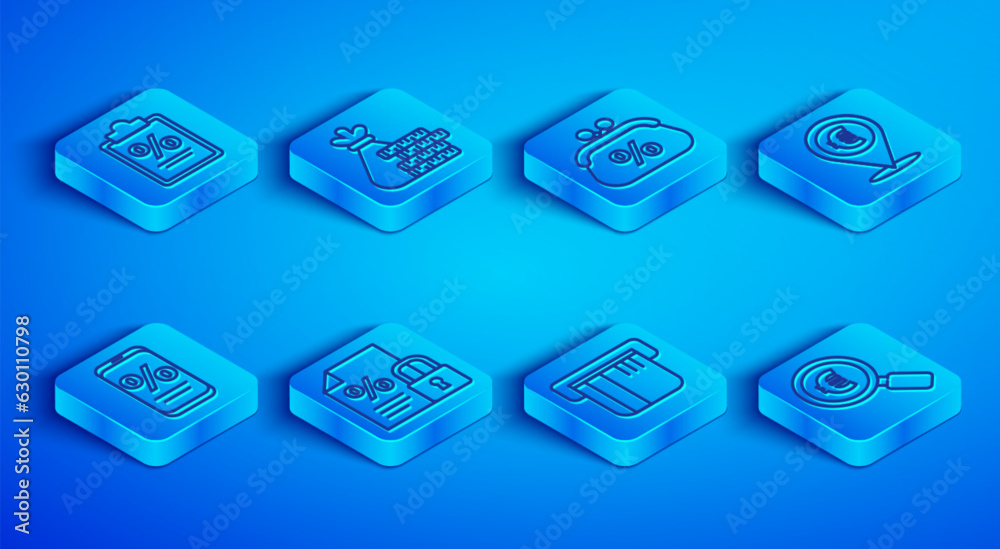 Set line Finance document, Money bag and coin, Purse money percent, lock, Credit card, Cash location, Percent discount mobile and Magnifying glass euro icon. Vector Set line Finance document, Money bag and coin, Purse money percent, lock, Credit card, Cash location, Percent discount mobile and Magnifying glass euro icon. Vector