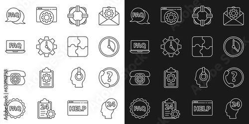 Set line Support operator in touch, Telephone 24 hours support, Time Management, Lifebuoy, Laptop and FAQ, Speech bubble with and Piece of puzzle icon. Vector