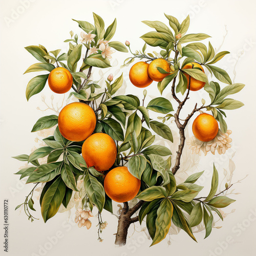 Illustration of orange fruits, flowers and leaves on white background seamless pattern for napkins, tablecloths, tiles and textiles. Isolated background for advertisement and poster. Copy space.
