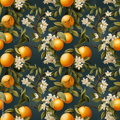 A lot of orange fruits, blossoms and leaves seamless pattern for napkins, tablecloths, tiles and textiles. Background for advertisement and poster. Copy space.