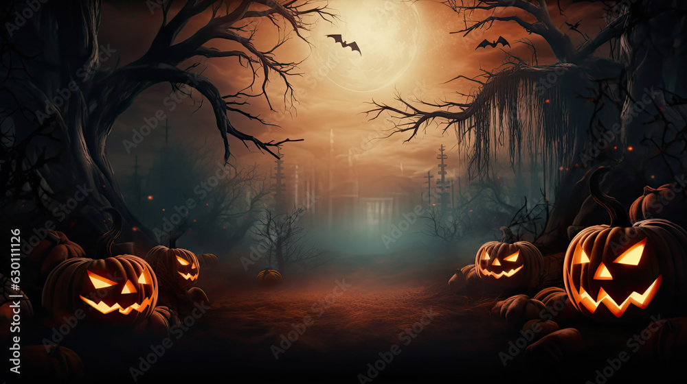 Illustrativer Hintergrund mit Halloweenkürbissen (jack-o'-lanterns) in einem düsteren Wald bei Mondschein. Designvorlage mit Textfreiraum. - obrazy, fototapety, plakaty 
