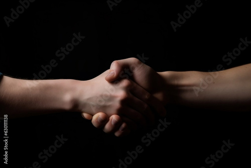 Two young people or teenagers of different nationalities shaking hands in agreement on dark black background. Business people meeting. Successful deal corporate partnership. Generative AI