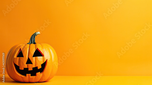 Halloweenkürbis auf orangenem Hintergrund mit Textfreiraum.